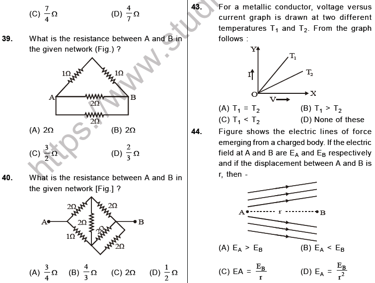 NEET Physics Electricity MCQs Set B, Multiple Choice Questions